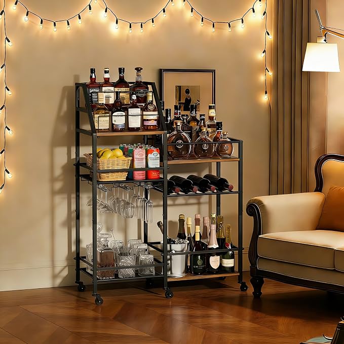 VINAEMO Rolling Bar Cart with Wine Glass Holder, Bar Carts for The Home, Bar Stand for Home, Small Mini Bar for Whiskey Wine, Liquor Cart for Home Bar, Alcohol Cabinet for Bar, Kitchen, Dining Room