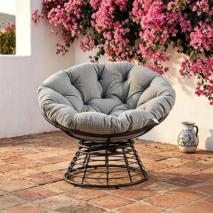 Cushion Papasan Swivel Chair, Ergonomic Wicker Round Chair with Thick Padding, Oversized Swivel Wicker Accent Chairs for Living Room, Bedroom, Reading Room, Balcony, Brown Frame, Gray