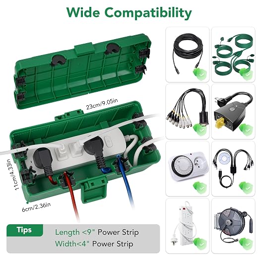 Medium and Small Outdoor Electrical Box, IP54 Waterproof, Extension Cord Cover Protect Power Strip, String Lights, Timer, Plug, Green