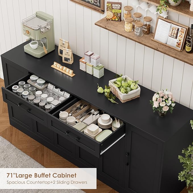 71” Large Buffet Cabinet with Storage, Sideboard Buffet Cabinet with Adjustable Shelves and 6 Soft-Close Doors, Wood Coffee Bar Console Table for Kitchen, Dining Room, Black | Sideboard 6 Soft-Close Doors, Wood Coffee Bar Console Table for Kitchen, Din...