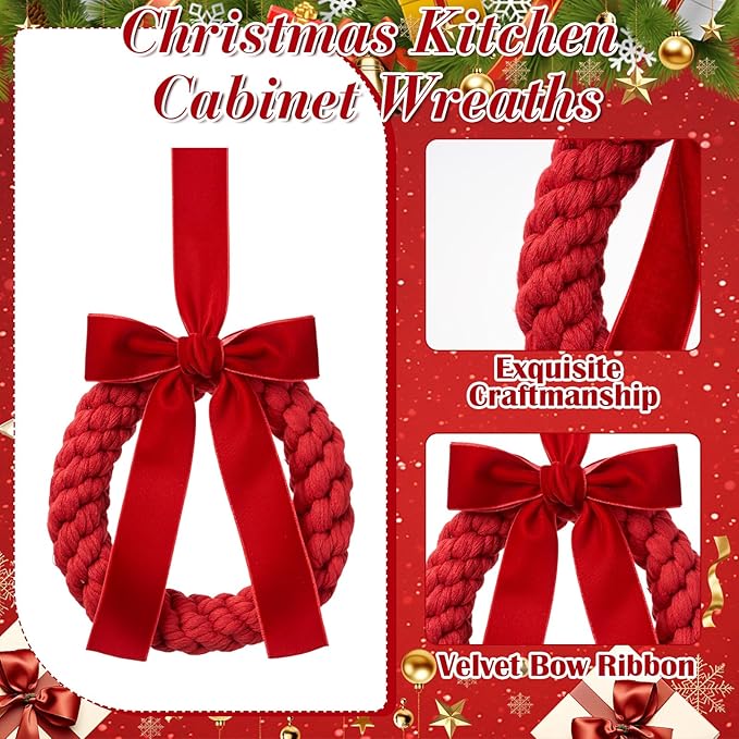 Suncalla 6 Pcs Christmas Velvet Wreath with Bow Ribbon Mini Christmas Kitchen Cabinet Front Door Wreath Decorative for Outdoor Indoor Party Table Fireplaces Porch Walls