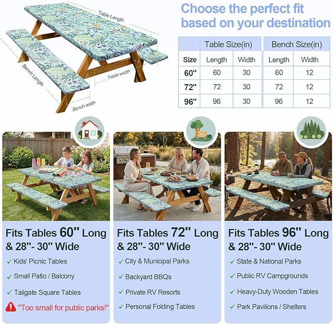 Picnic Table Cover with Bench Covers Camping Essentials Waterproof Windproof Camping Tablecloth with Drawstring Bag, Fitted Rectangle Tables and Seats, 72in, Gray Blue