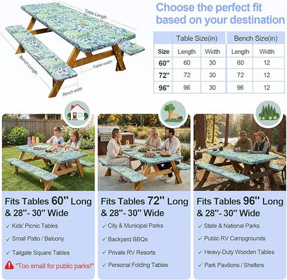 Picnic Table Cover with Bench Covers Camping Essentials Waterproof Windproof Camping Tablecloth with Drawstring Bag, Fitted Rectangle Tables and Seats, 72in, Gray Blue