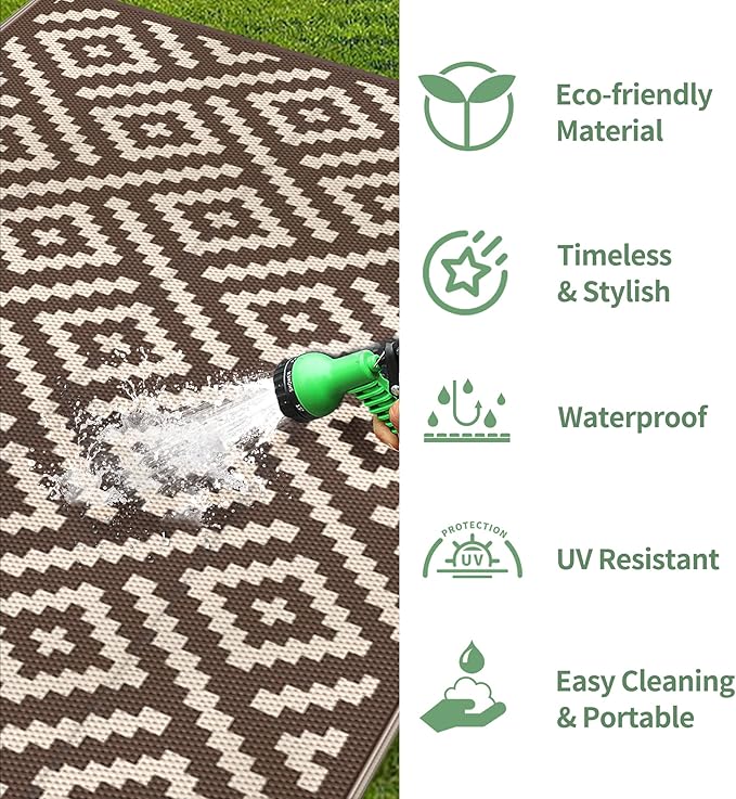 GENIMO Outdoor Rug, Waterproof Plastic Rugs for Patio, 8'x10' Coffee Beige | Outside Larger Modern Carpet Mat for Porch Decor, Deck, Balcony, Camping, RV, Backyard, Picnic, Beach, Reversible, Foldable