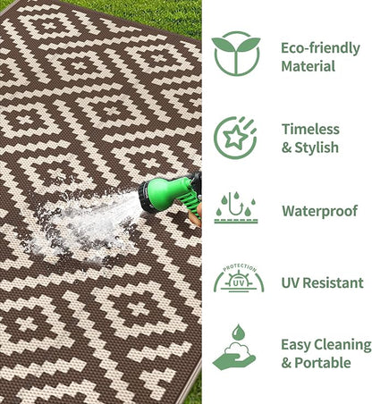 GENIMO Outdoor Rug, Waterproof Plastic Rugs 9'x12' for Camping Coffee Beige | Outside Larger Modern Carpet Mat for Porch Decor, Deck, Balcony, Camping, RV, Backyard, Picnic, Beach, Reversible, Foldable