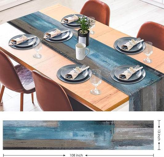 Emvency Blue and Grey Abstract Table Runner, Modern Oil Painting for Kitchen Coffee Table Family Dinners Holiday Parties Wedding Events Decor(13x72 inch)