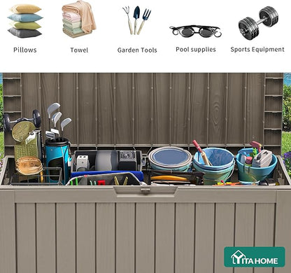YITAHOME 72 Gallon Outdoor Storage Box w/Wheels, Resin Deck Box Indoor & Outdoor Patio Storage Box for Throw Pillows, Athletic Gear, Yard (Light Brown)