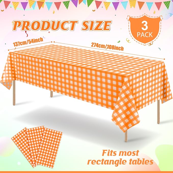 3Pcs Orange Gingham Tablecloths, Fall Checkered Table Covers 54x108 In | Orange and White Checkered Tablecloths Disposable Waterproof for Fall Picnic Halloween Barbecue Birthday Outdoor Party