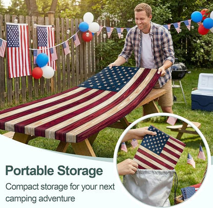 Picnic Table Cover Bench Covers Camping Essentials Tablecloth | Waterproof Vinyl for Outdoor, Windproof Elastic Fitted Edges, RV BBQ Accessories Must Haves, Storage Bag Included