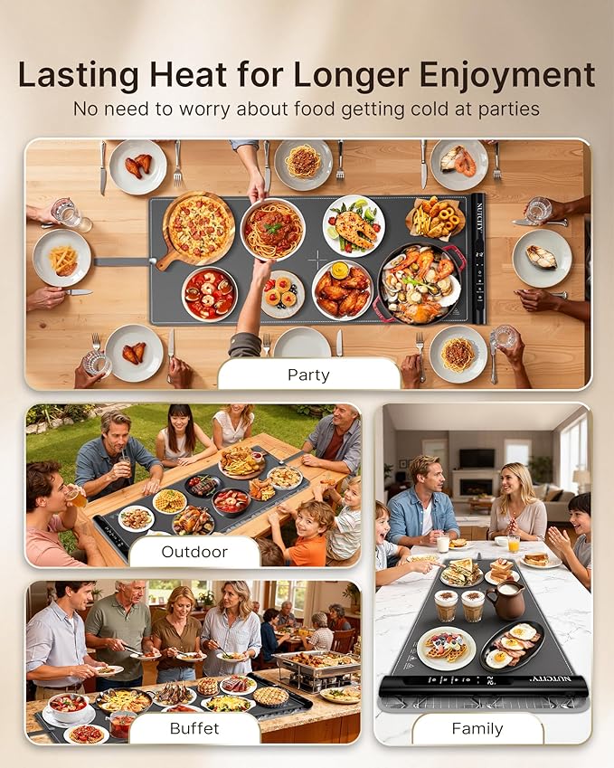 Warming Mat for Food Extra Large 32" x 16", Portable Food Warming Mat with 7 Temperature Settings & 8-Hour Timer, Tortilla Warmer for Gatherings, Parties (Large Size: 32" x 16")
