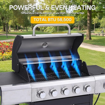 Endark 5-Burner 58,500 BTU Outdoor Propane Gas Grill with Side Burner, Stainless Steel & Porcelain Grates, Wheeled BBQ Grill for Patio, Garden, Backyard