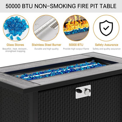 45in Fire Table, Propane Fire Pit with Glass Wind Guard and Rain Cover, Outdoor Firepit Table 50000 BTU 3-in-1 Fire Table for Patio/Yard/Balcony, Gray Tabletop