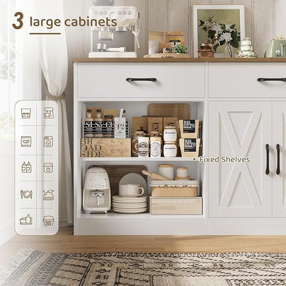 HOSTACK 71" Large Sideboard Buffet Cabinet with Storage, Farmhouse Coffee Bar Cabinet with 3 Drawers, Long Kitchen Buffet Table, Kitchen Sideboard Storage Cabinet for Dining Room, Living Room, White