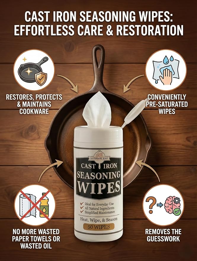 Cookware Care Cast Iron Seasoning & Cleaning Oil Wipes – Seasons, Cleans & Conditions Cast Iron Skillet, Carbon Steel & Blackstone Griddle | 50 Wipes, Made in USA with Grapeseed Oil (1 Pack)