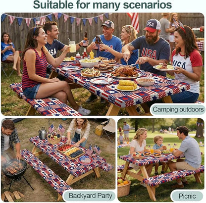 Picnic Table Cover Bench Covers Camping Essentials Tablecloth | Waterproof Vinyl for Outdoor, Windproof Elastic Fitted Edges, RV BBQ Accessories Must Haves, Storage Bag Included