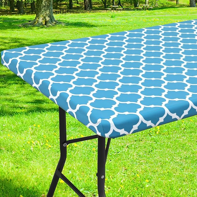Smiry Picnic Fitted Table Cover, 6 Foot Flannel Backed Vinyl Tablecloth | Waterproof Elastic Stretch Table Cloth, Wipeable Plastic Tablecloth for Camping, Indoor & Outdoor (Light Blue, 30" x 72")