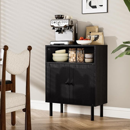 Rattan Storage Cabinet, Boho Accent Cabinet with Double Doors | Small Freestanding Sideboard for Hallway, Laundry Room,Kitchen, Dining Room, Entryway (Black)