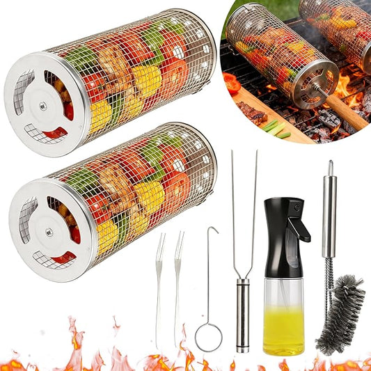 8-Piece BBQ Set,2 Rolling Grill Baskets for Effortless Flipping,Grilling Tools or Fish, Shrimp, Meat, Vegetables,Outdoor Camping Grilling Accessories Bundled with Oil Bottle, Forks,Cleaning Brush Ect