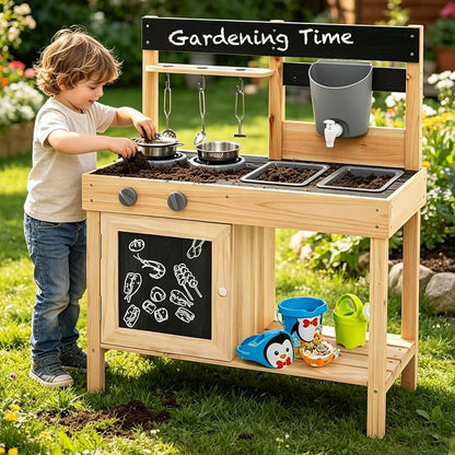 HONEY JOY Fir Wood Outdoor Play Kitchen for Toddlers, Realistic Faucet & Water Tank, Stoves, Sink, Storage Shelf, Outside Kitchen Playset, Mud Kitchen for Kids Outdoor Backyard