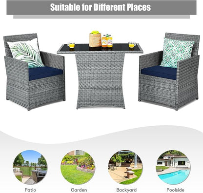 RELAX4LIFE 3-Piece Outdoor Furniture Set - All-Weather Wicker Rattan Patio Dining Set w/Tempered Glass Coffee Table & Cushions, Modern Bistro Conversation Set for Yard Balcony (Navy)