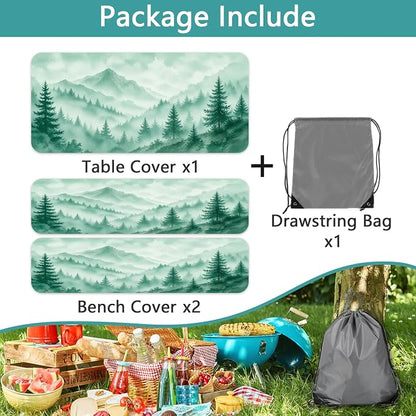 Picnic Table Cover with Bench Covers, Camping Essentials, Green Misty Forest Mountain Waterproof Fitted Outdoor Tablecloth with Elastic Rectangle Table Cloth Camping Accessories, 3 Pcs Set, 30x96 Inch