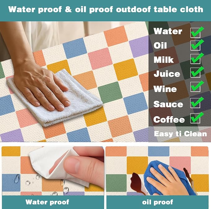 Picnic Table Cover with Bench Covers Elastic Edges | Colorful Checkered Fitted Table Cover, 30x96 Inch 3PCS Outdoor Patio Camping Essentials, Waterproof Camping Fitted Tablecloth