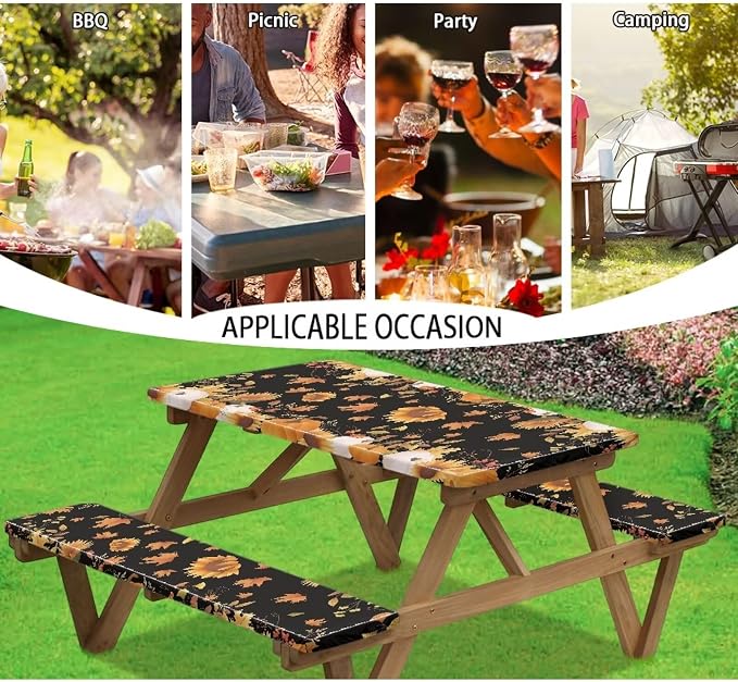 Thanksgiving Pumpkin Sunflower Outdoor Picnic Table Cover Thanksgiving 3 PCS Set Fitted Picnic Table Cover for Outdoor Camping