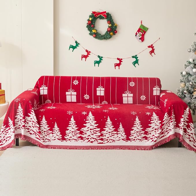 MEETSKY Christmas Couch Cover for Sectional Sofa, Chenille Loveseat Red Sofa Covers Washable for Pet Friendly Cedar Decorative Couch Covers, 71" x 102"