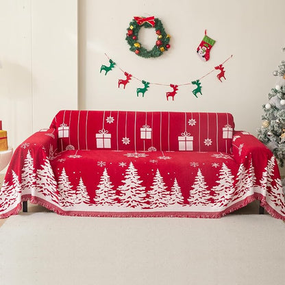 MEETSKY Christmas Couch Cover for Sectional Sofa, Chenille Loveseat Red Sofa Covers Washable for Pet Friendly Cedar Decorative Couch Covers, 71" x 102"
