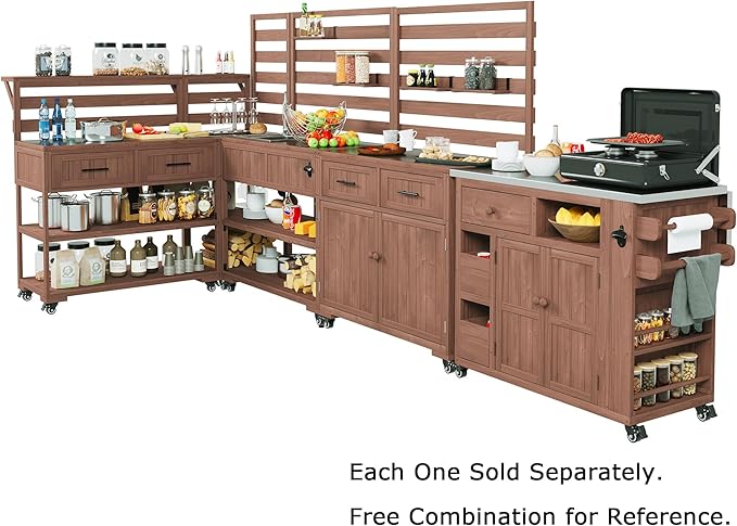 GDFStudio Elshire Patio Kitchen Island Cart with Storage, Wooden Outdoor Storage Cabinet with Stainless Steel BBQ Prep Table Top, Drawers, Raised Shelf and Lockable Wheels, Garden Potting Bench, Brown