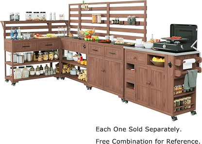 GDFStudio Elshire Patio Kitchen Island Cart with Storage, Wooden Outdoor Storage Cabinet with Stainless Steel BBQ Prep Table Top, Drawers, Raised Shelf and Lockable Wheels, Garden Potting Bench, Brown