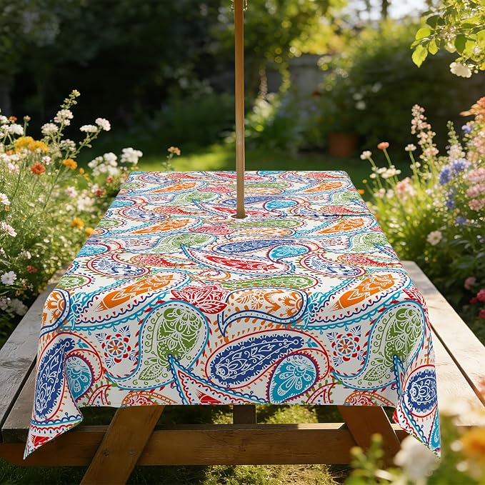 Outdoor Tablecloth with Umbrella Hole Elegant Zipper Patio Table Cloth for Outdoor Patio Garden Yard Decor