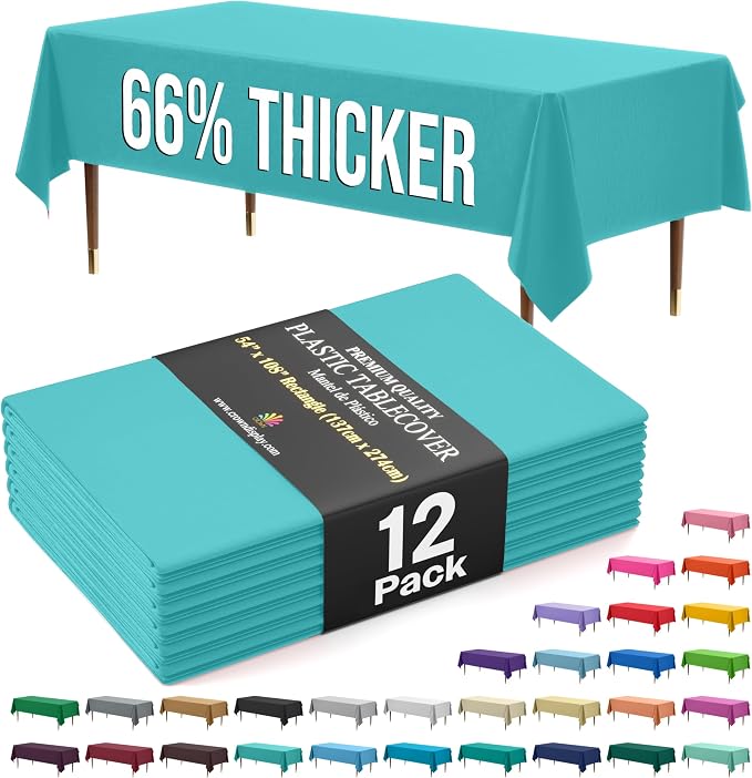 66% Thicker Premium Plastic Table Cloth Rectangle Table Cover 0.5 Mil 24 Pack Aqua Table Cloth 54 Inch x 108 Inch Disposable Tablecloth Won't Tear Easily Like Cheap Thin Brands By Exquisite