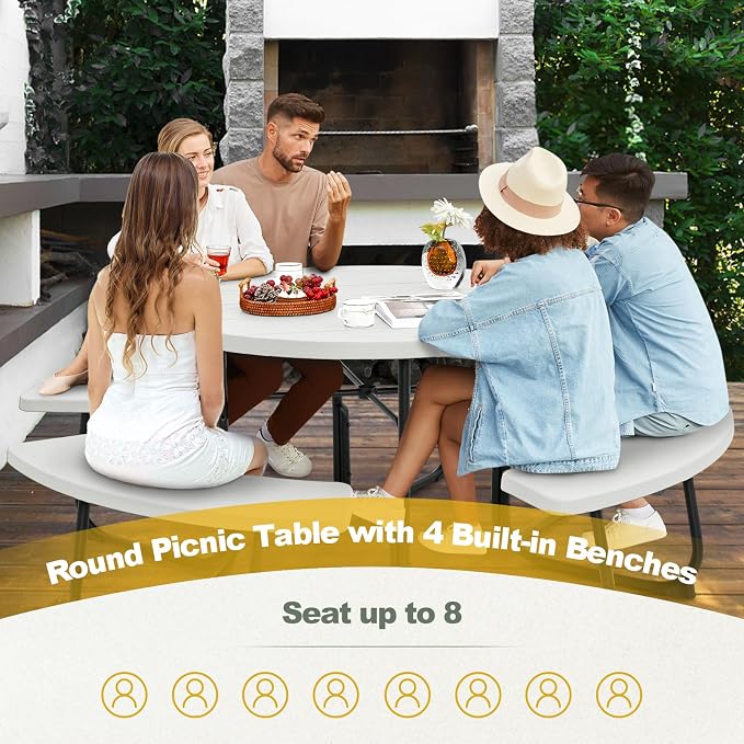 Tangkula 8 Person Picnic Table, Outdoor Round Picnic Table with 4 Built-in Benches, Umbrella Hole, Metal Frame & HDPE Tabletop, Outside Table and Bench Set for Backyard, 2300lbs Weight Capacity