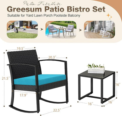 Greesum 3 Piece Patio Furniture Set, All-Weather Imitation Rattan Conversation Set, Outdoor Rocking Chair Bistro Set with Glass Top Coffee Table for Pool, Deck, Porch, Garden or Balcony, Blue