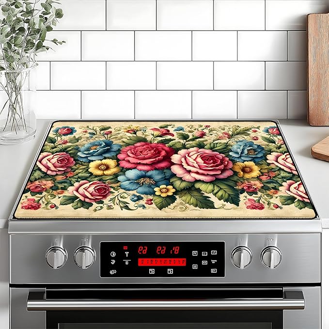 Peony Flower Stove Top Cover Retro Flower Gas Stove Top Cover for Home Decoration Kitchen Pad Non-Stick Washable Cooktop Covers Countertop Protector Keep Stove Clean 28"x20"