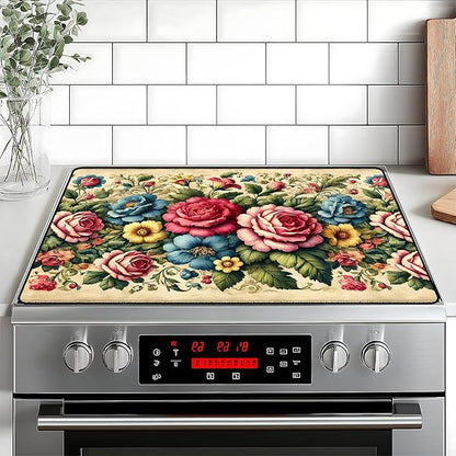 Peony Flower Stove Top Cover Retro Flower Gas Stove Top Cover for Home Decoration Kitchen Pad Non-Stick Washable Cooktop Covers Countertop Protector Keep Stove Clean 28"x20"