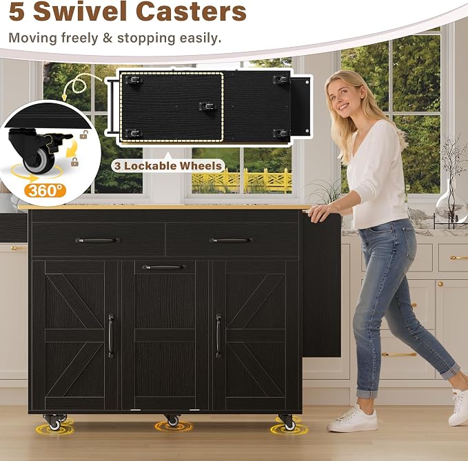 YESHOMY Kitchen Island on Wheels with Trash Cabinet, 56" Mobile Cart with Drop Leaf and Drawers, Rolling Portable Table with Spice Rack & Towel Holder for Dining Room, Black & Oak