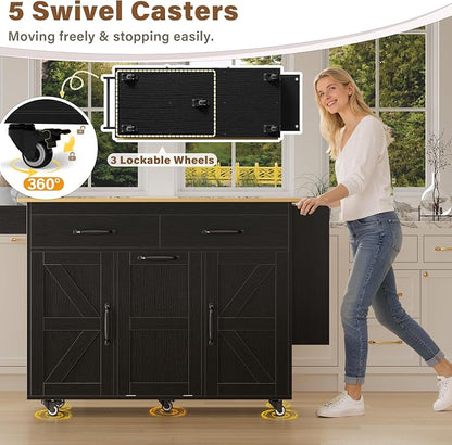 YESHOMY Kitchen Island on Wheels with Trash Cabinet, 56" Mobile Cart with Drop Leaf and Drawers, Rolling Portable Table with Spice Rack & Towel Holder for Dining Room, Black & Oak