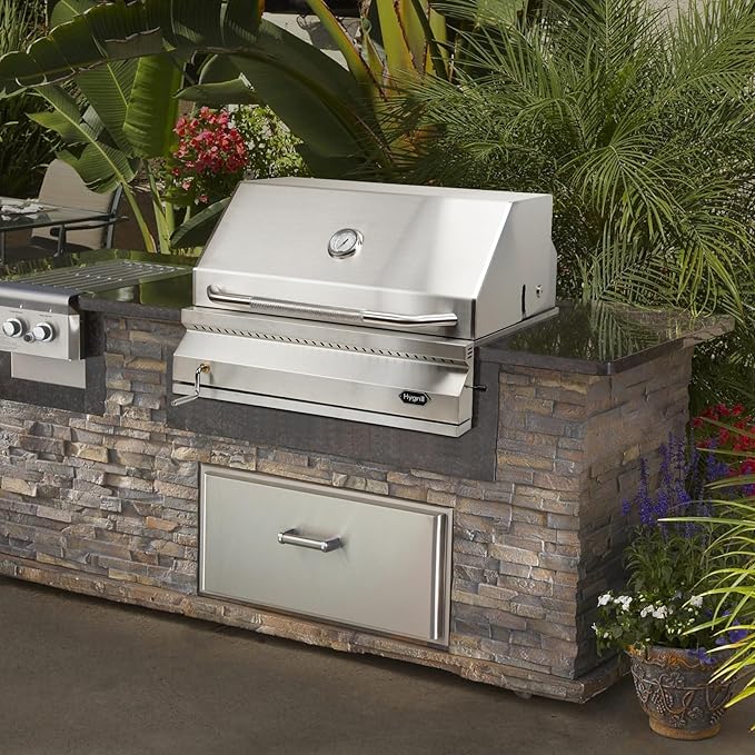 Hygrill Charcoal Grill Head for Outdoor Kitchen, 32-inch Stainless Steel Built-In Grill with Insulated Hood, Temperature Gauge and Fabric Cover