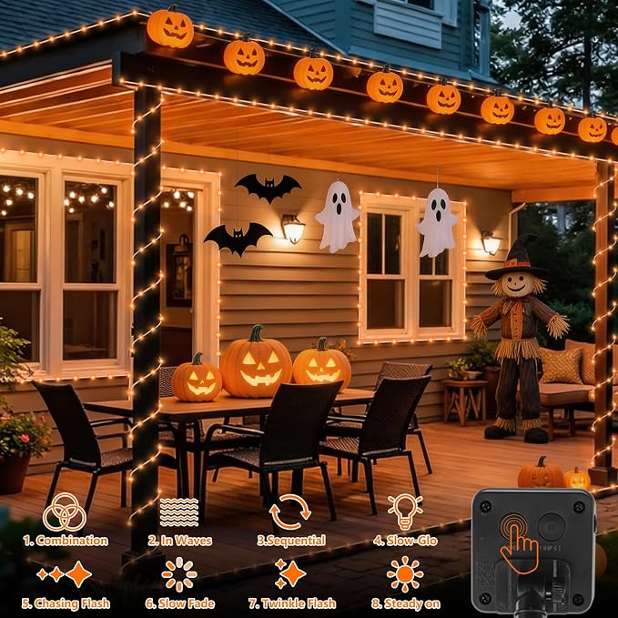 QITONG 2 Pack Solar Halloween Lights, Each 33ft 100 LED Orange String Lights, 8 Modes Fairy Lights in Clear Thin Tube for Thanksgiving Fall Decor