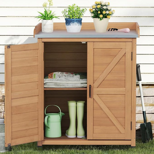 Outdoor Storage Cabinet & Potting Bench Table with Metal Top, Wooden Patio Furniture, Garden Workstation (Light Brwon, 39x31.5x17in)