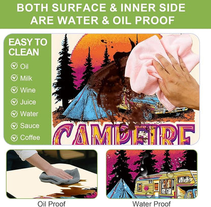 ANNA QUEEN Retro Camping Adventure 6FT Picnic Table Cover with Bench Covers Set of 3 with Drawstring Bag, Vintage Camper 72"x30" Waterproof Picnic Tablecloth & Bench Covers