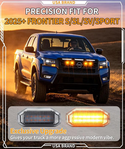 Front Grill Lights for Nissan Frontier 2025-2027 S/SL/SV/Sport Only, Amber | Direct-Snap Installation; OEM-Style Fit; IP68 Waterproof LED; No-Drill Setup; Raptor-Style Front-End Upgrade; Off-Road Ready