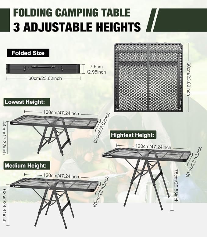 Raynesys Portable Folding Grill Table for Ourdoor, Camping, Picnic, BBQ | Foldable Grill Table with Mesh Desktop, 200lbs 4Ft Height Adjustable Metal Table, 47.24" L x 23.62" W