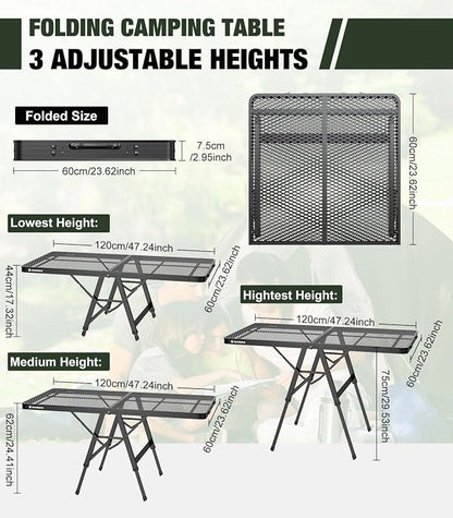 Raynesys Portable Folding Grill Table for Ourdoor, Camping, Picnic, BBQ | Foldable Grill Table with Mesh Desktop, 200lbs 4Ft Height Adjustable Metal Table, 47.24" L x 23.62" W