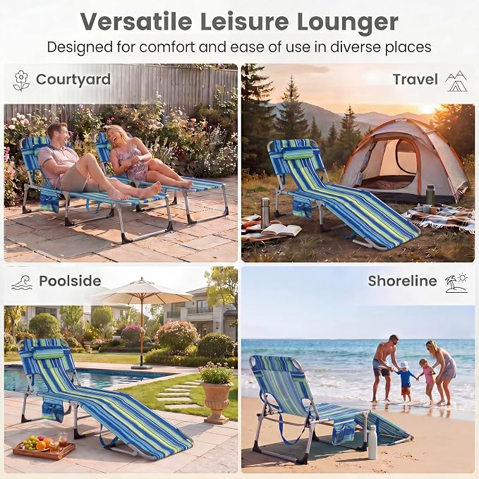 Goplus Tanning Chair, Folding Beach Lounge Chair with Face &Arm Hole, 4-Position Adjustable,Removable Pillow,Side Pocket, Sunbathing Chair, Portable Outdoor Lounge Chair for Patio Pool Lawn