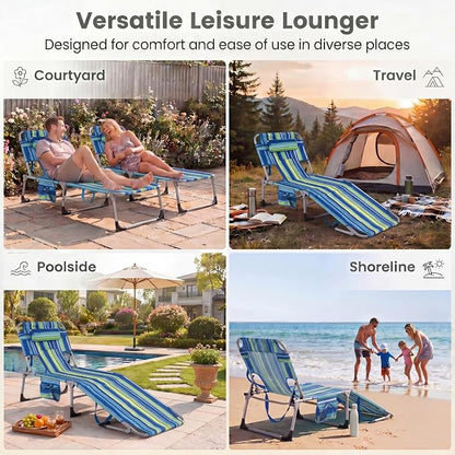 Goplus Tanning Chair, Folding Beach Lounge Chair with Face &Arm Hole, 4-Position Adjustable,Removable Pillow,Side Pocket, Sunbathing Chair, Portable Outdoor Lounge Chair for Patio Pool Lawn