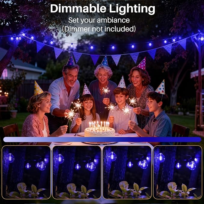 50 FT Blue Outdoor String Lights G40 Globe Shatterproof Patio Lights,26 Plastic Edison Bulbs(2 Spare) IP65 Waterproof Dimmable LED Bulbs for Backyard Porch Balcony Party Decor, E12 Base