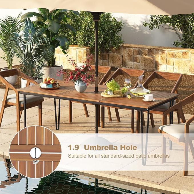 Tangkula 79 Inch Outdoor Dining Table for 8, Acacia Wood 8-Person Patio Table with 1.9 Inch Umbrella Hole, Metal Legs & Adjustable Foot Pads, Rectangular Outside Table for Garden, Poolside & Backyard